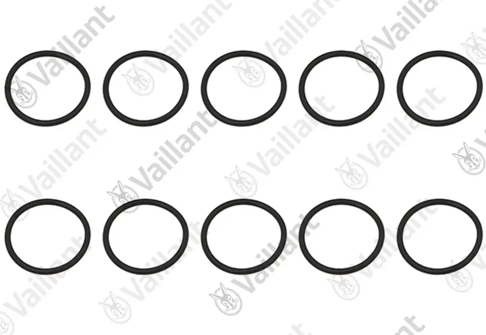 Schwarze O-Ringe in unterschiedlichen Größen, angeordnet in zwei Reihen, mit der Marke Vaillant im Hintergrund.